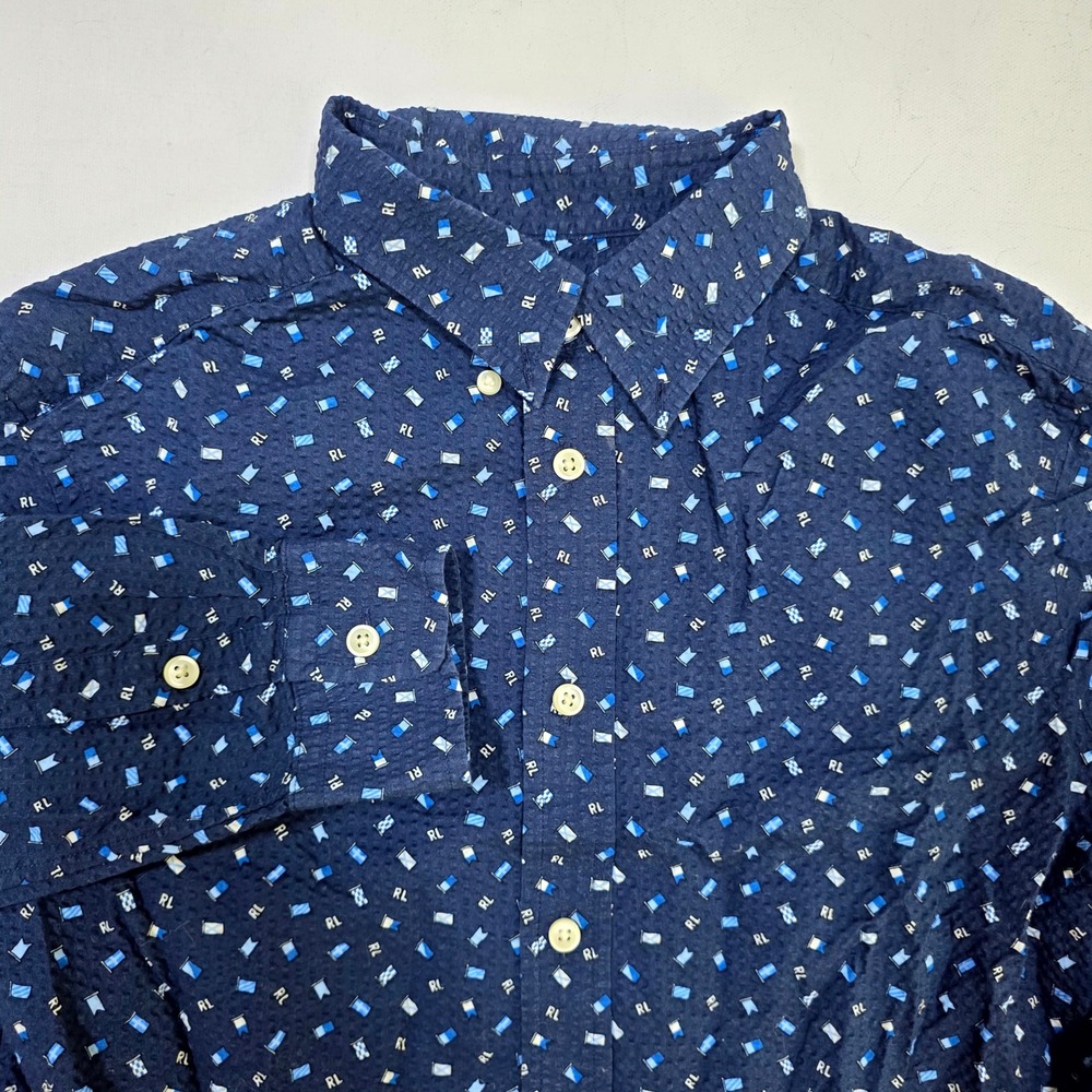 Ralph Lauren Button Down Boy L 14-16 Navy Blue Nautical Flag Seersucker Shirt